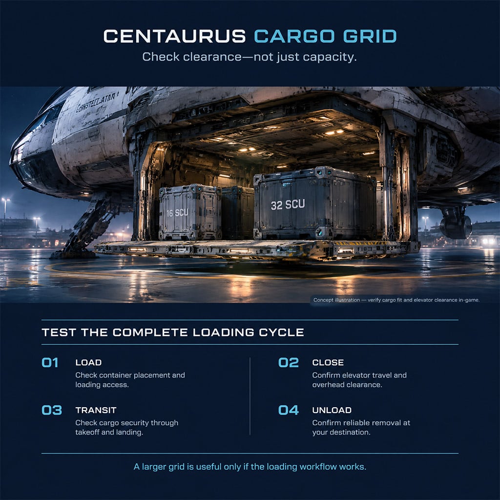 Lowered cargo elevator on an RSI Constellation loaded with 16 SCU and 32 SCU freight containers Lowered cargo elevator on an RSI Constellation loaded with 16 SCU and 32 SCU freight containers