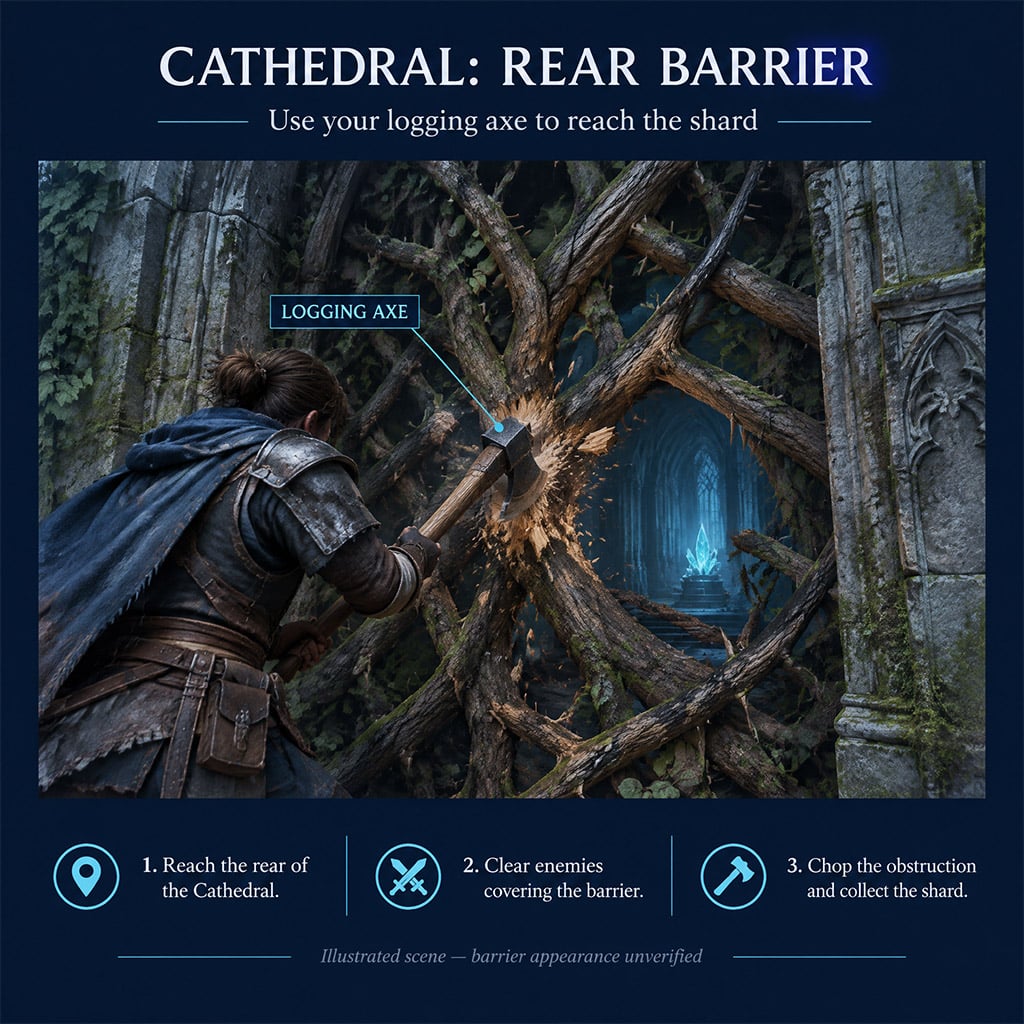 Character clearing thorned wooden vines with a logging axe behind the cathedral.