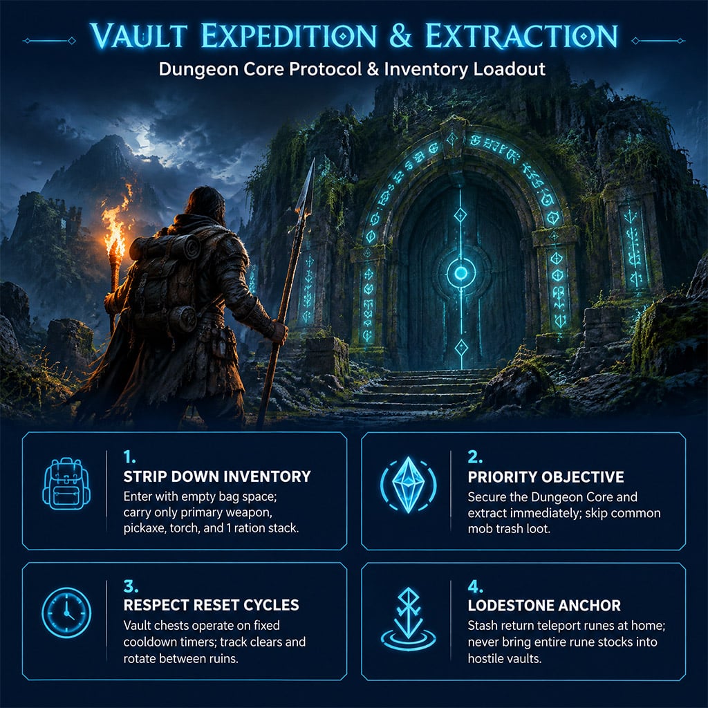 Adventurer equipped with torch and pickaxe standing before an ancient stone vault entrance
