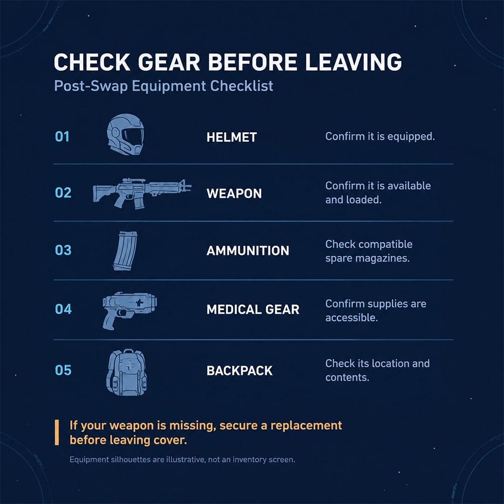 Post-swap checks for helmet, weapon, ammunition, medical gear and backpack
