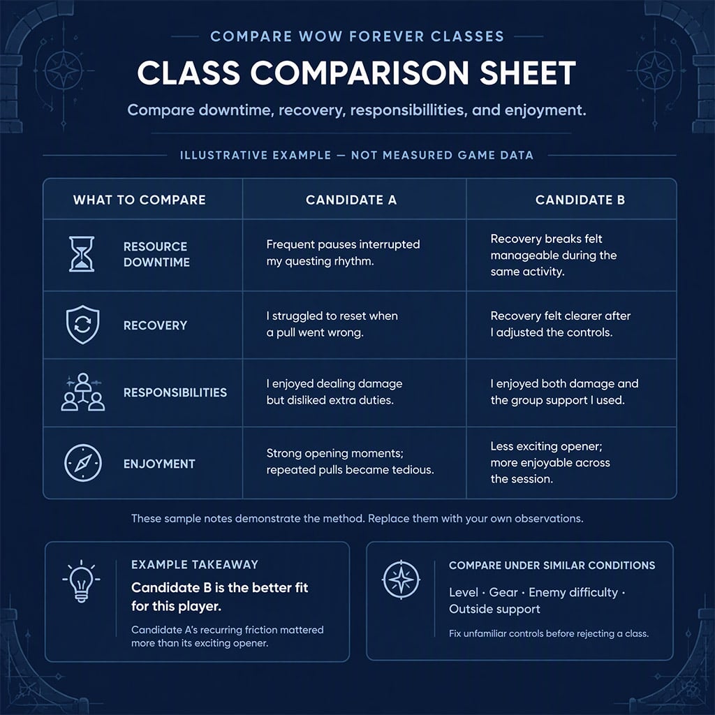 Blank comparison sheet for resource downtime, recovery, responsibilities, and enjoyment
