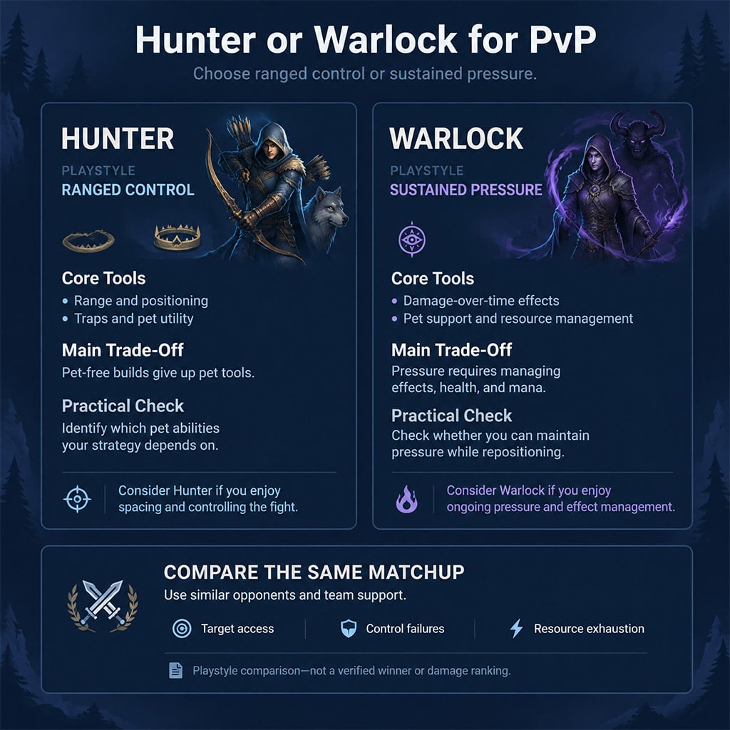 Hunter and Warlock comparison showing control tools versus sustained pressure