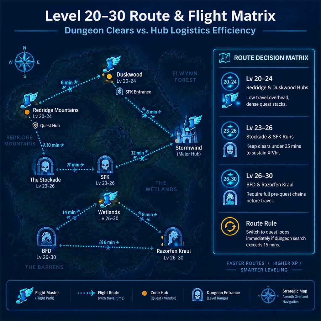 Flight master route map showing travel connections between quest hubs and 20-30 dungeons