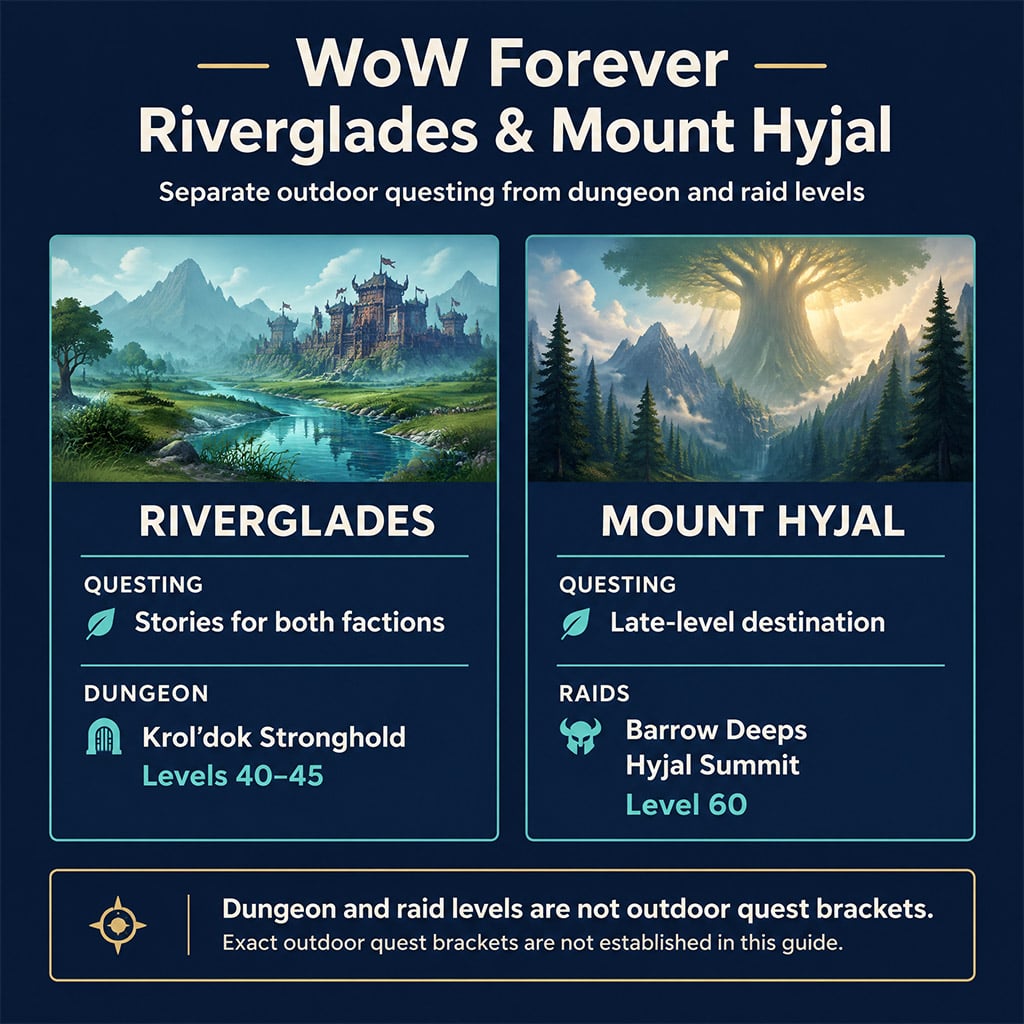 Riverglades and Mount Hyjal planning card distinguishing outdoor quests from dungeon and raid levels.
