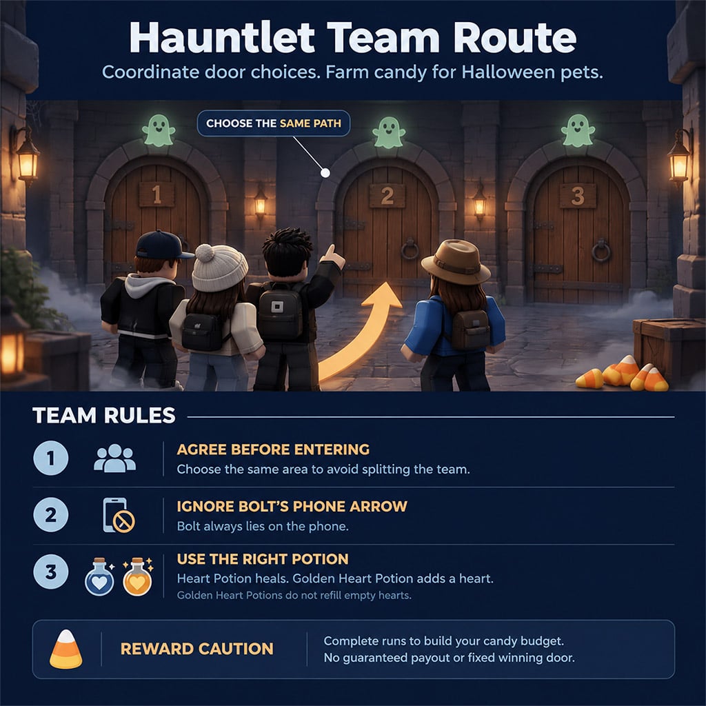Players coordinating door choices inside the Adopt Me Hauntlet minigame to farm Candy Corn Players coordinating door choices inside the Adopt Me Hauntlet minigame to farm Candy Corn