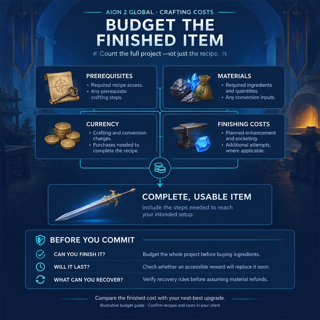 Crafting budget broken into prerequisites, materials, currency, and finishing costs Crafting budget broken into prerequisites, materials, currency, and finishing costs