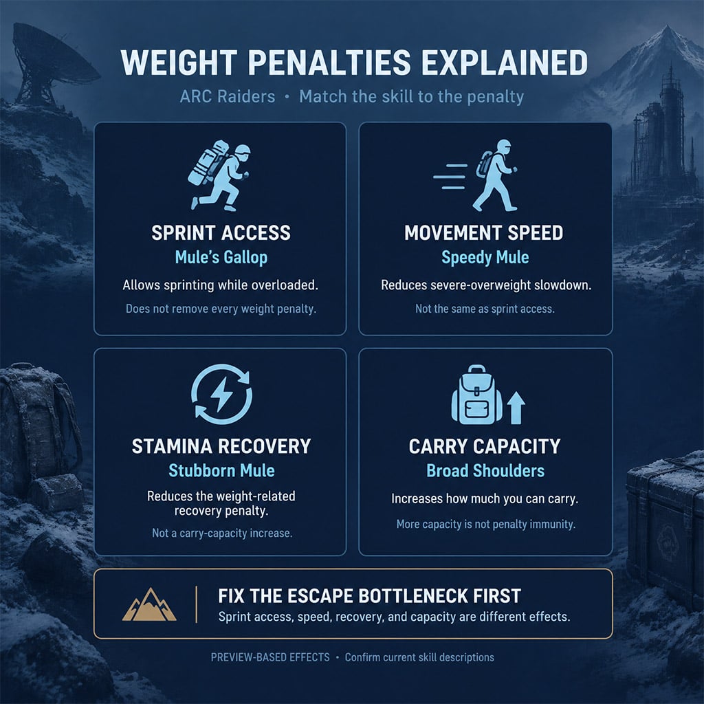 Diagram separating sprint access, movement speed, stamina recovery and carry capacity.