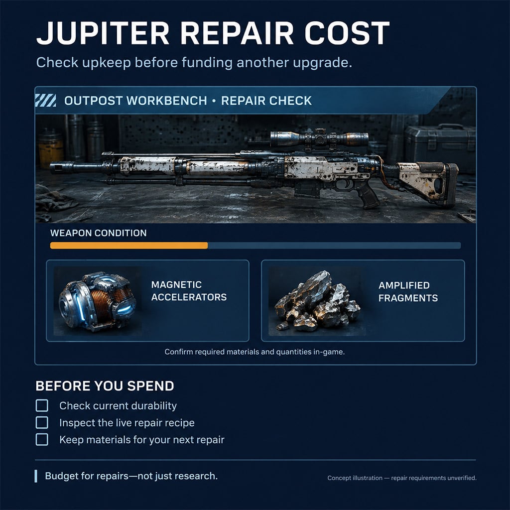 Outpost workbench repair screen showing Magnetic Accelerators and Amplified Fragments needed to restore Jupiter durability