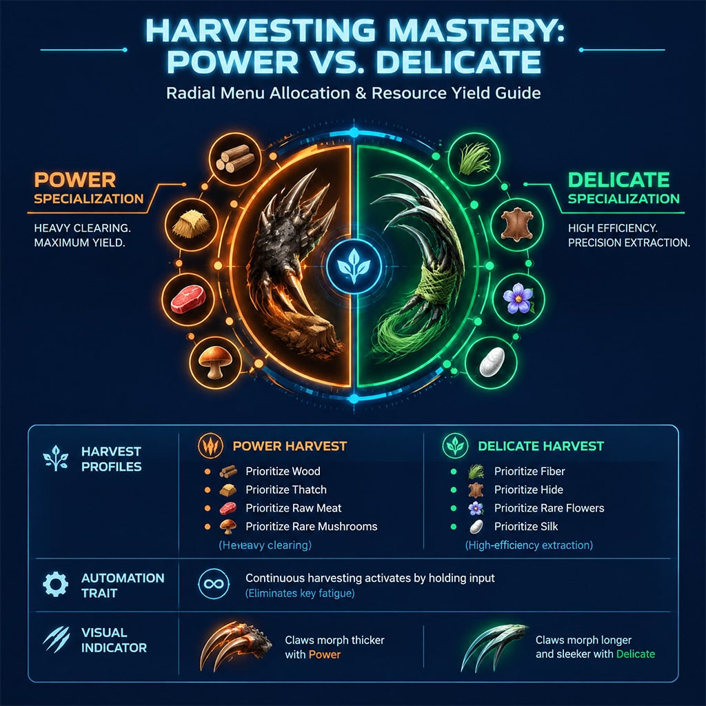 Therizinosaurus level-up menu allocating harvest levels between Power and Delicate gathering