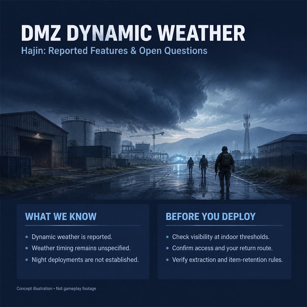Storm front rolling over an industrial zone as a squad moves toward extraction
