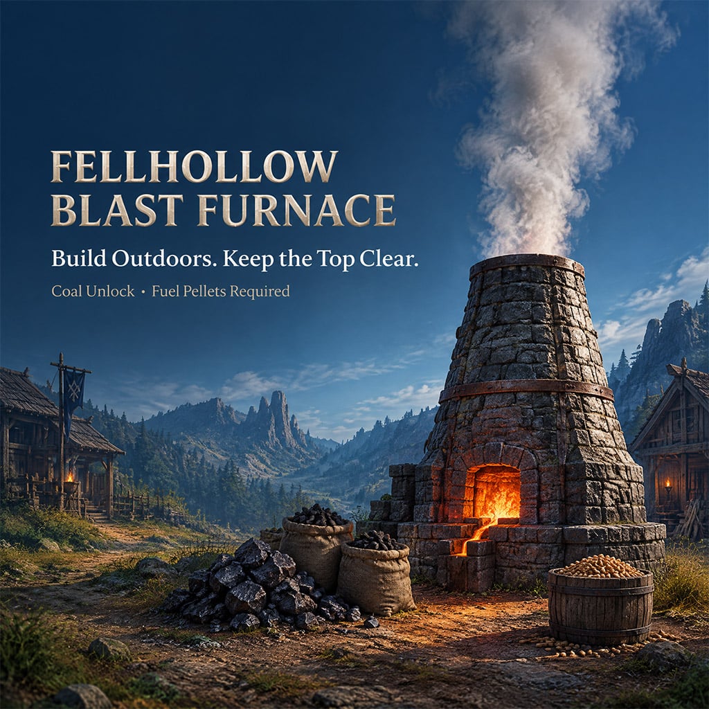 Operational open-air blast furnace placed in a player settlement base without any overhead roof tiles. Operational open-air blast furnace placed in a player settlement base without any overhead roof tiles.