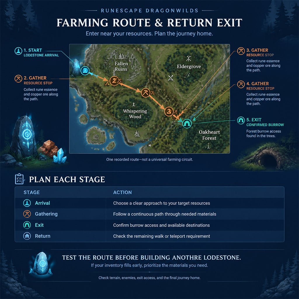 Annotated gathering route linking a Lodestone arrival, resource stops, and a confirmed burrow exit