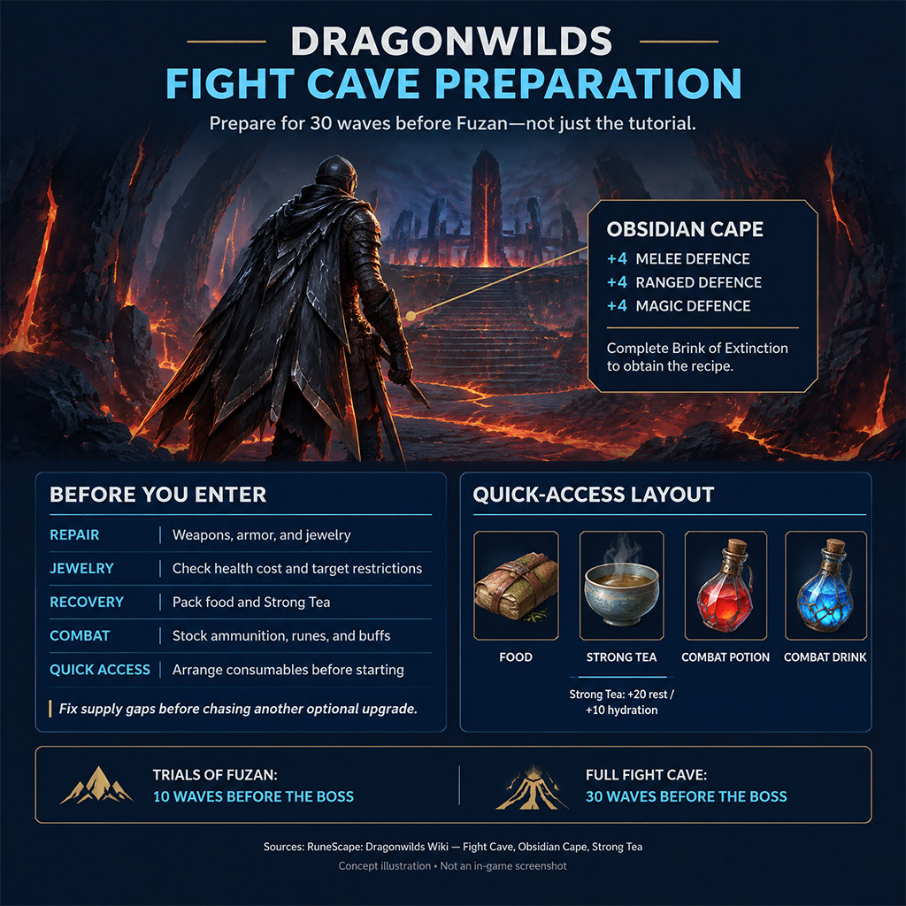 Player wearing Obsidian Cape inside The Burning Spire preparing hotbar consumables for the 30-wave Fight Cave
