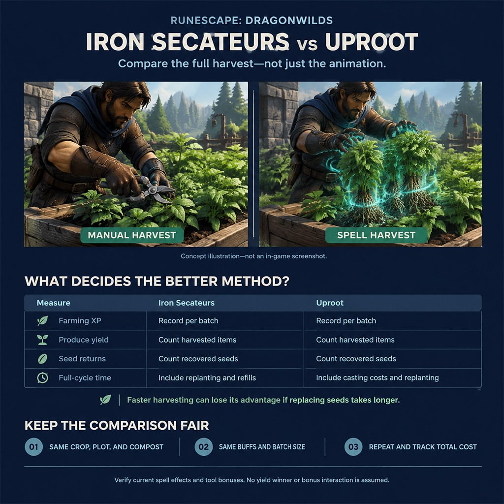 Comparing Iron Secateurs manual harvest with the Uproot skill spell in RuneScape Dragonwilds