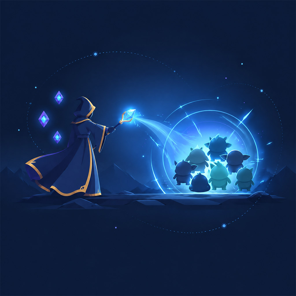 Mage casting a spell at a cluster of enemies