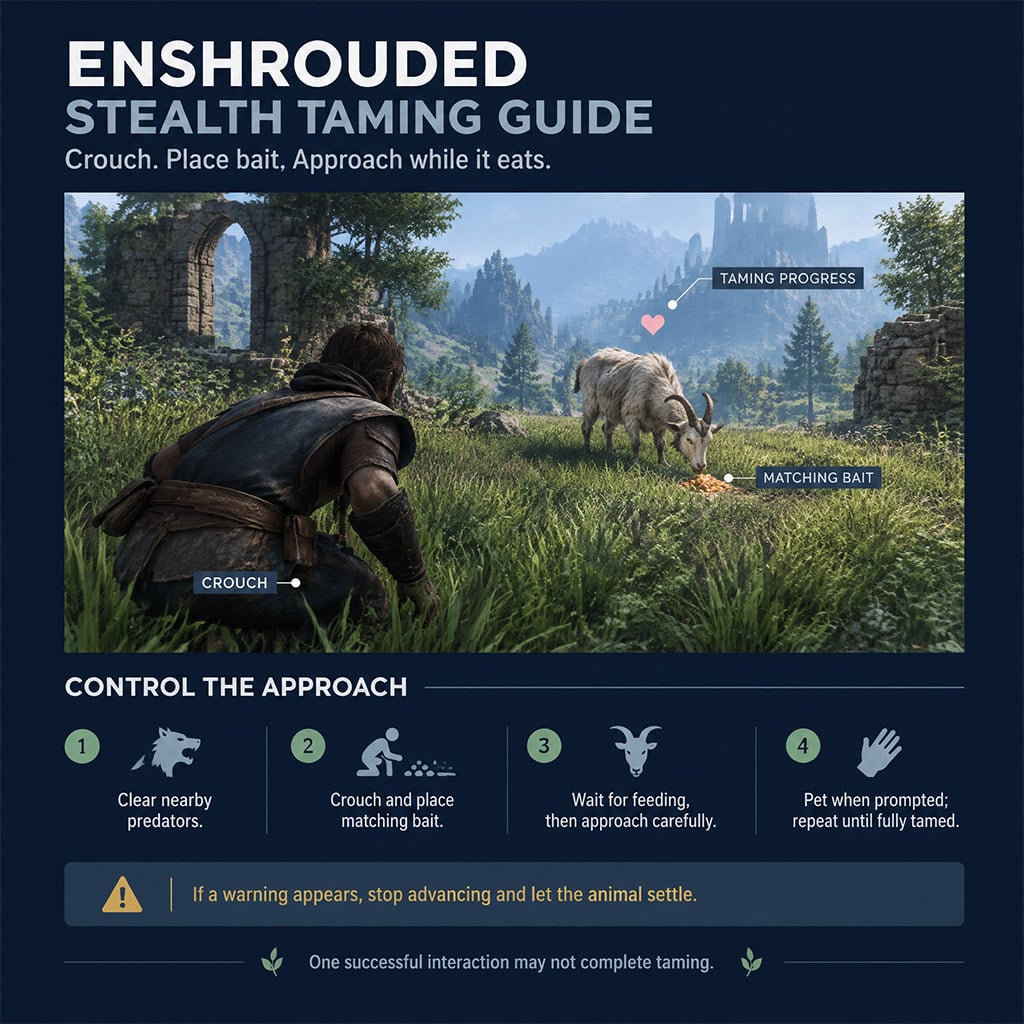 Player crouching behind a Common Goat in Enshrouded while it eats taming bait with a heart icon above its head