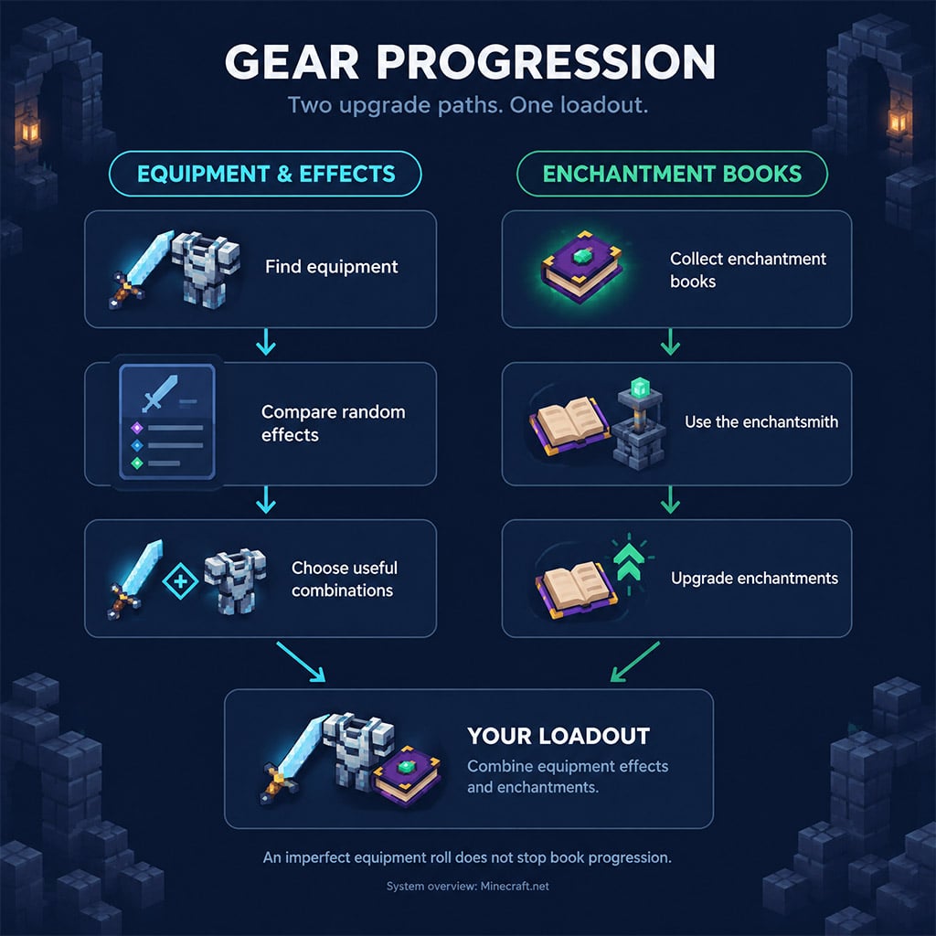 Separate upgrade paths for weapon effects and enchantment books Separate upgrade paths for weapon effects and enchantment books