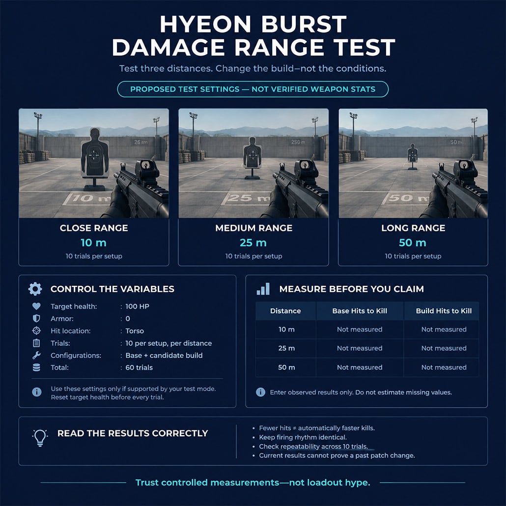 Controlled Hyeon Burst damage test with target distance and health settings visible Controlled Hyeon Burst damage test with target distance and health settings visible