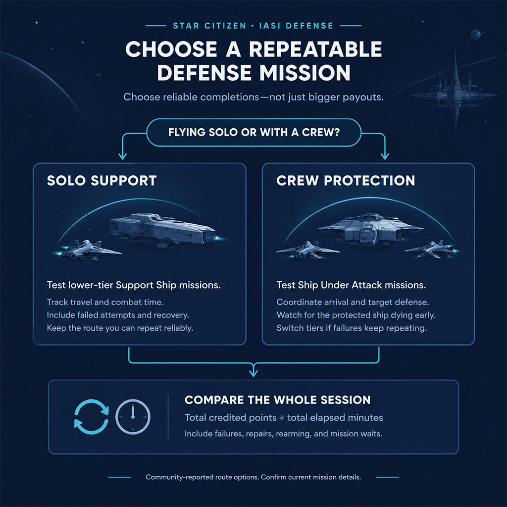 Decision diagram comparing solo support missions and crew protection missions