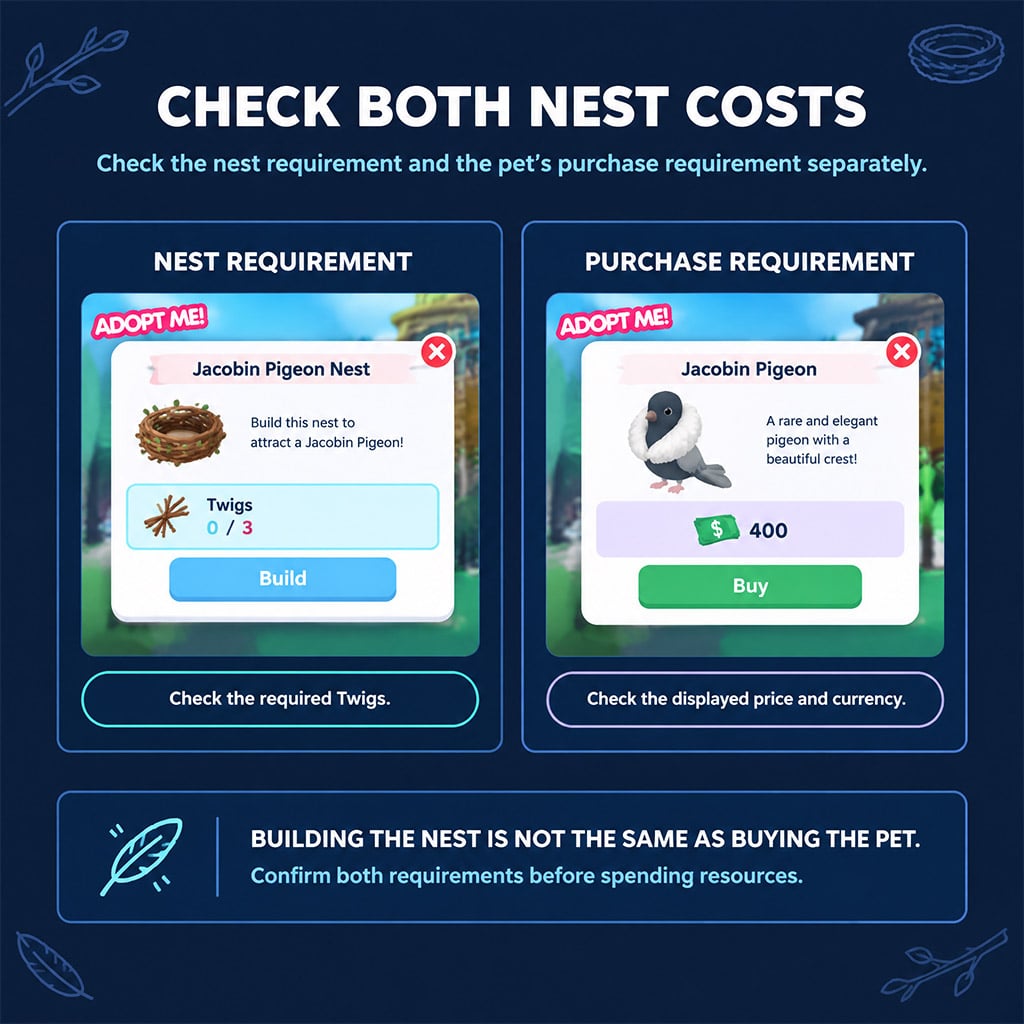 Nest requirement and subsequent purchase prompt displayed side by side