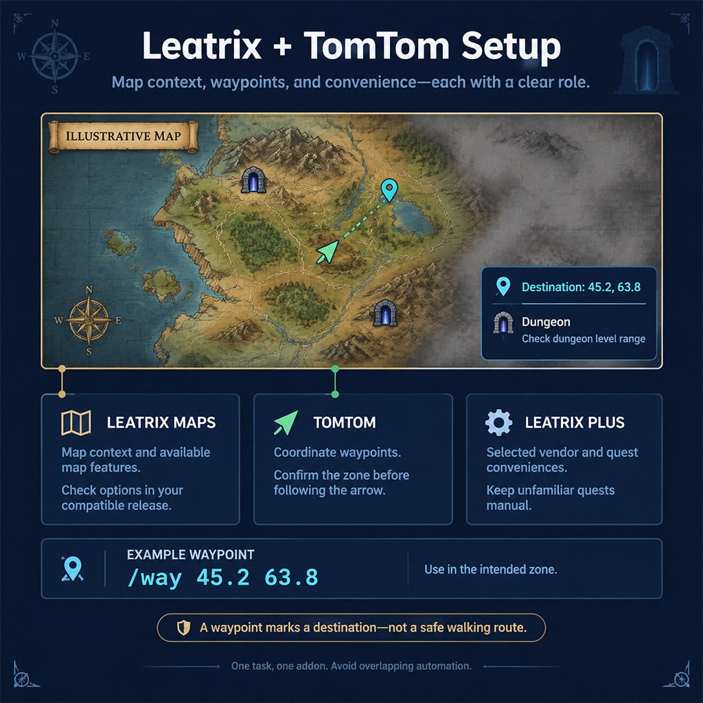 World map overlay displaying revealed fog of war, dungeon level brackets, and a green directional waypoint arrow
