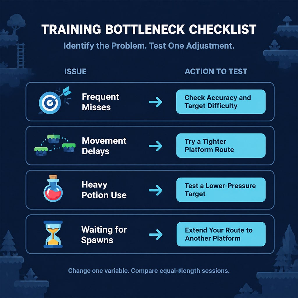 Troubleshooting chart connecting missed attacks and downtime to specific adjustments