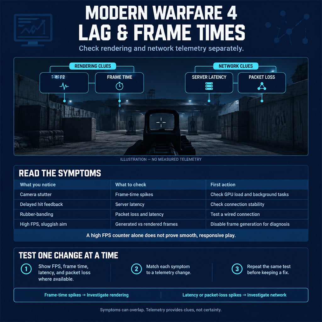 Gameplay telemetry showing frame time, server latency and packet loss