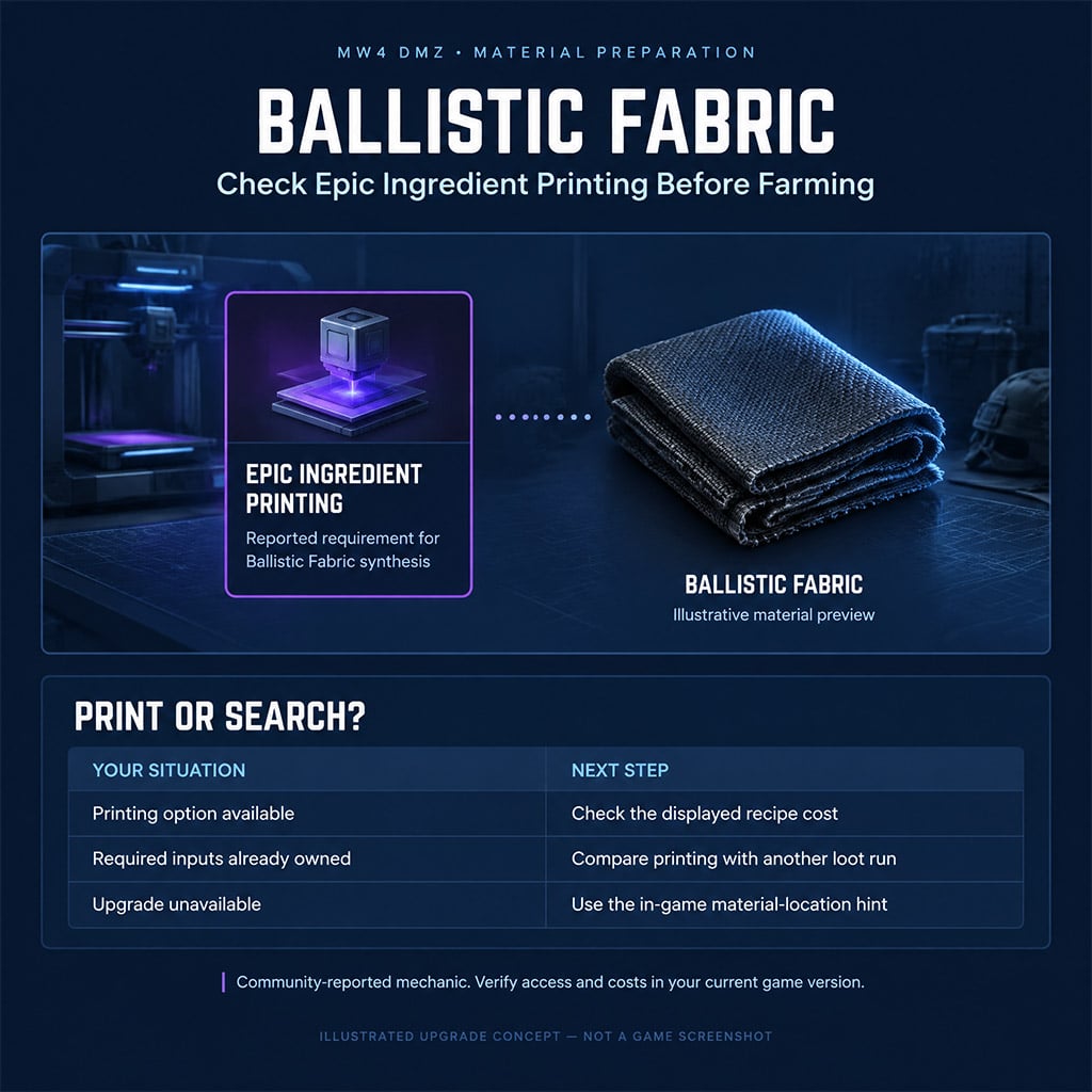 Epic Ingredient Printing upgrade screen showing Ballistic Fabric synthesis in MW4 DMZ