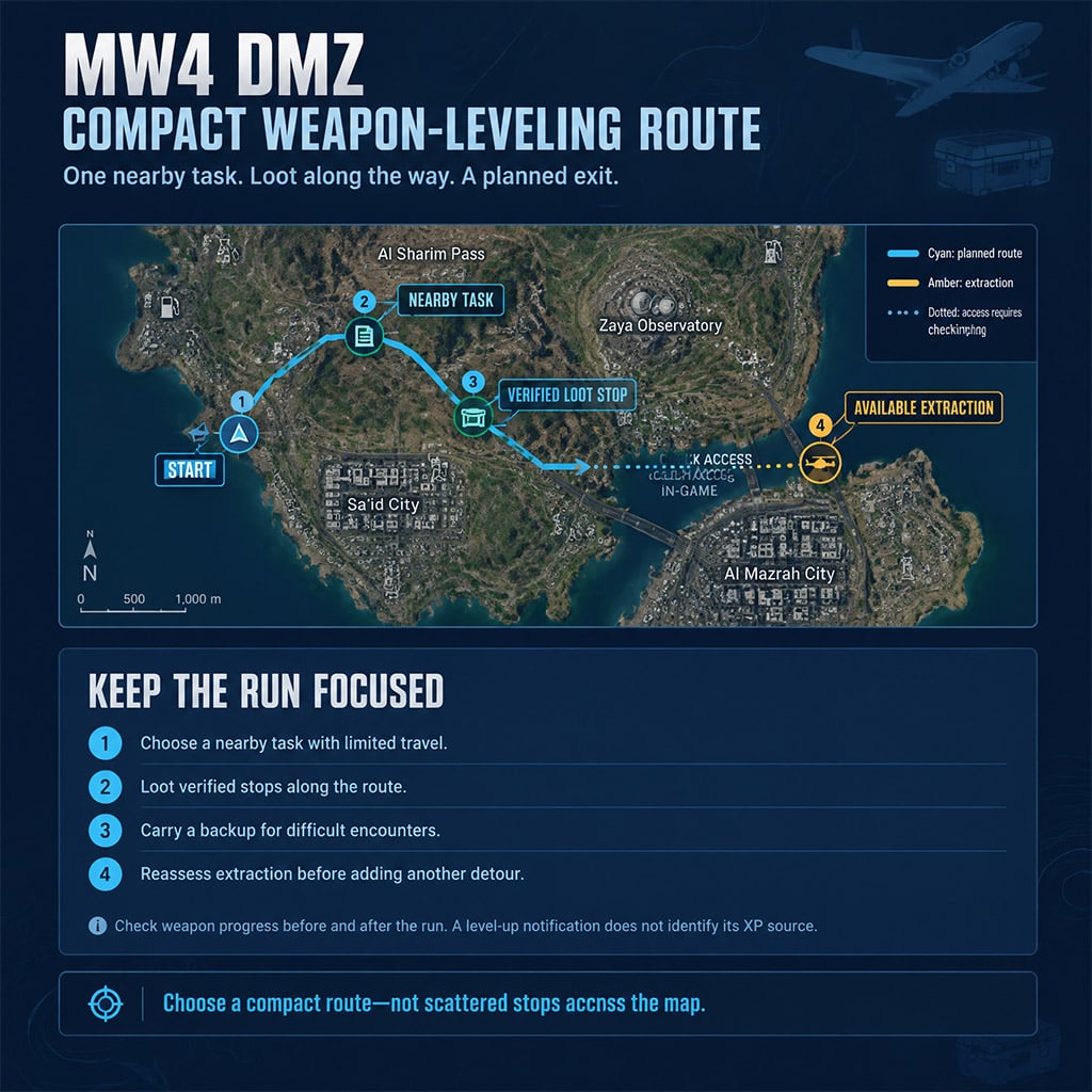 DMZ map with a nearby task, clustered loot stops and an extraction route DMZ map with a nearby task, clustered loot stops and an extraction route