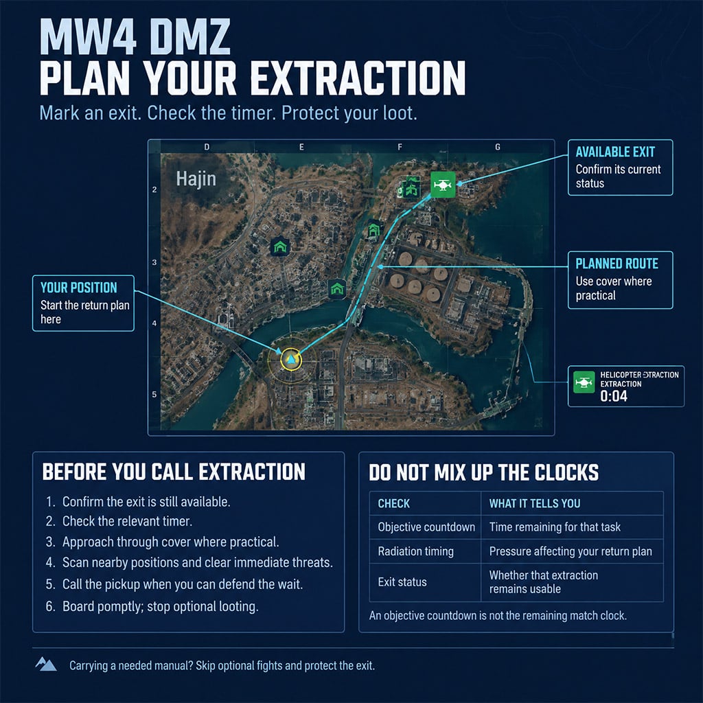 Hajin tac map showing player position, available extraction and a covered return route