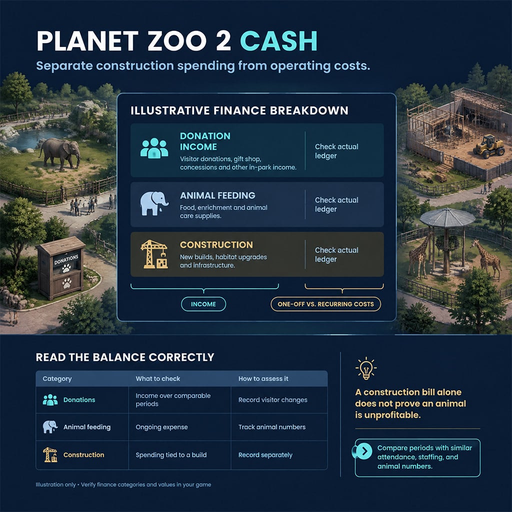 Zoo finance ledger showing construction expenses separated from animal feeding costs Zoo finance ledger showing construction expenses separated from animal feeding costs