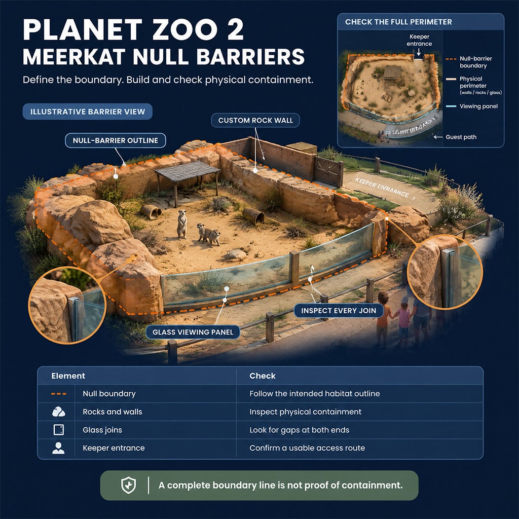 Meerkat enclosure perimeter combining null barriers with low glass viewing panels and custom rock walls Meerkat enclosure perimeter combining null barriers with low glass viewing panels and custom rock walls