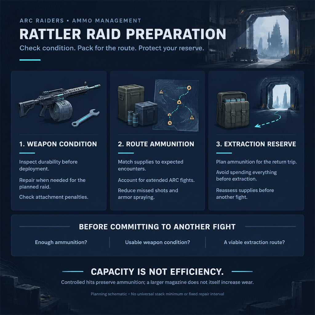 Pre-raid checks for durability, ammunition, and extraction reserve Pre-raid checks for durability, ammunition, and extraction reserve