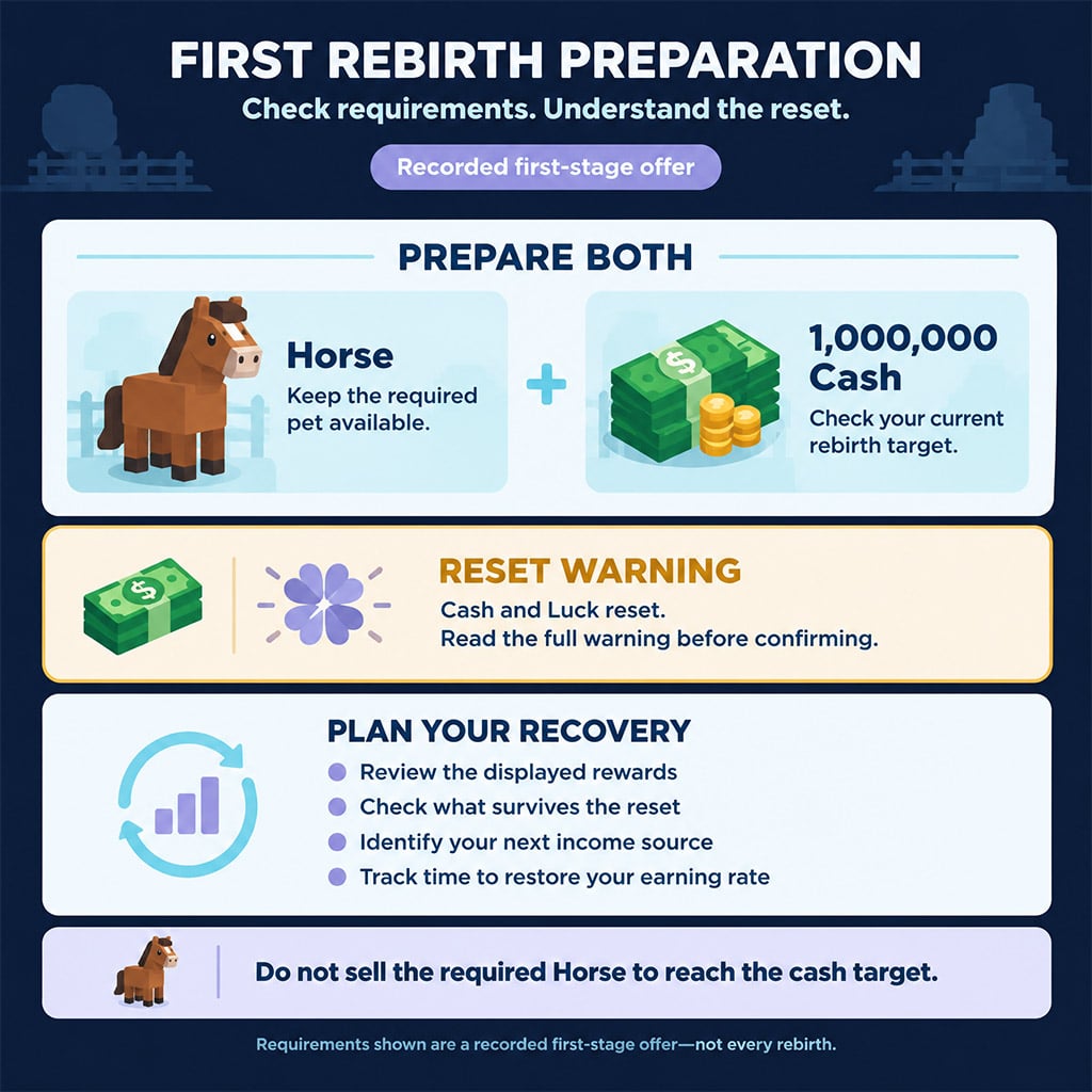 First rebirth checklist covering Horse, cash, reset warning, and recovery plan First rebirth checklist covering Horse, cash, reset warning, and recovery plan