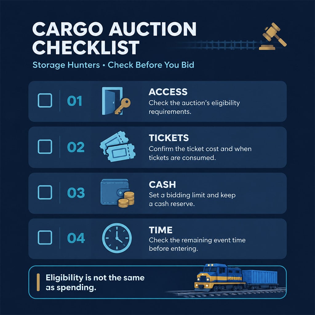 Checklist separating auction access, ticket cost, bidding cash and remaining time