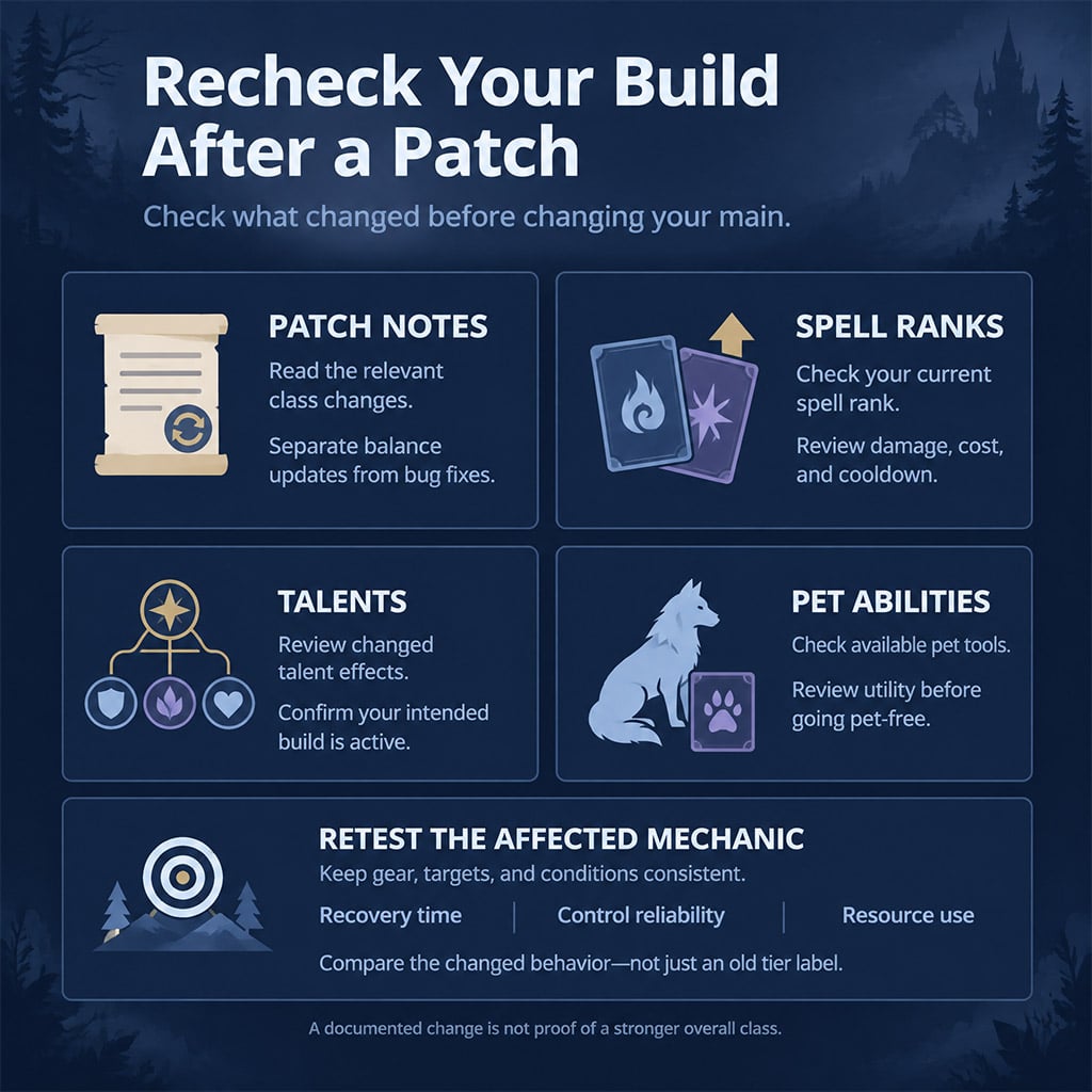 Checklist for checking patch changes, spell ranks, talents, and pet abilities