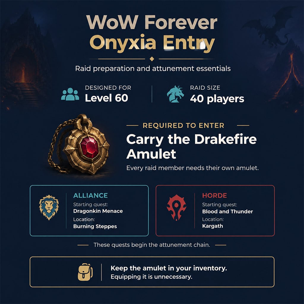 Onyxia entry reminder showing the Drakefire Amulet requirement and faction starting quests.