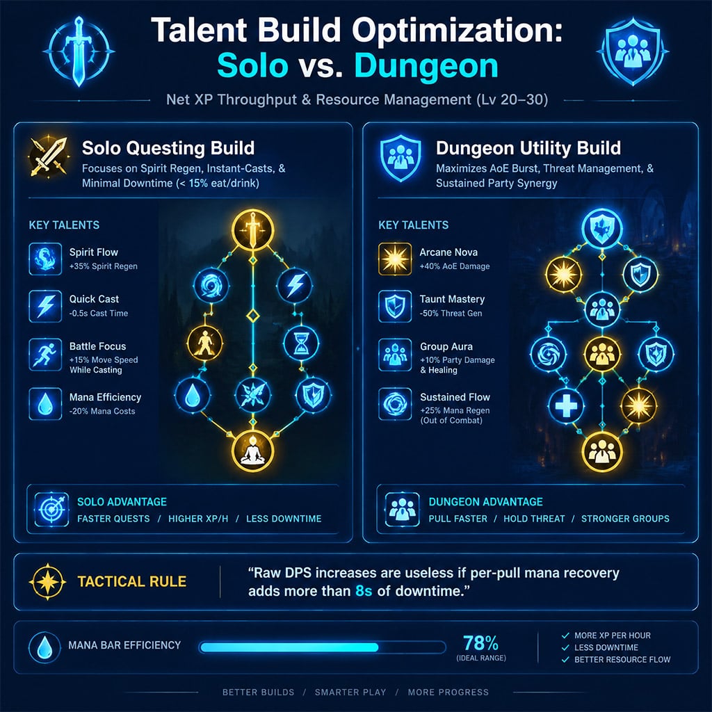 Talent point tree interface comparing leveling damage build versus dungeon utility setup