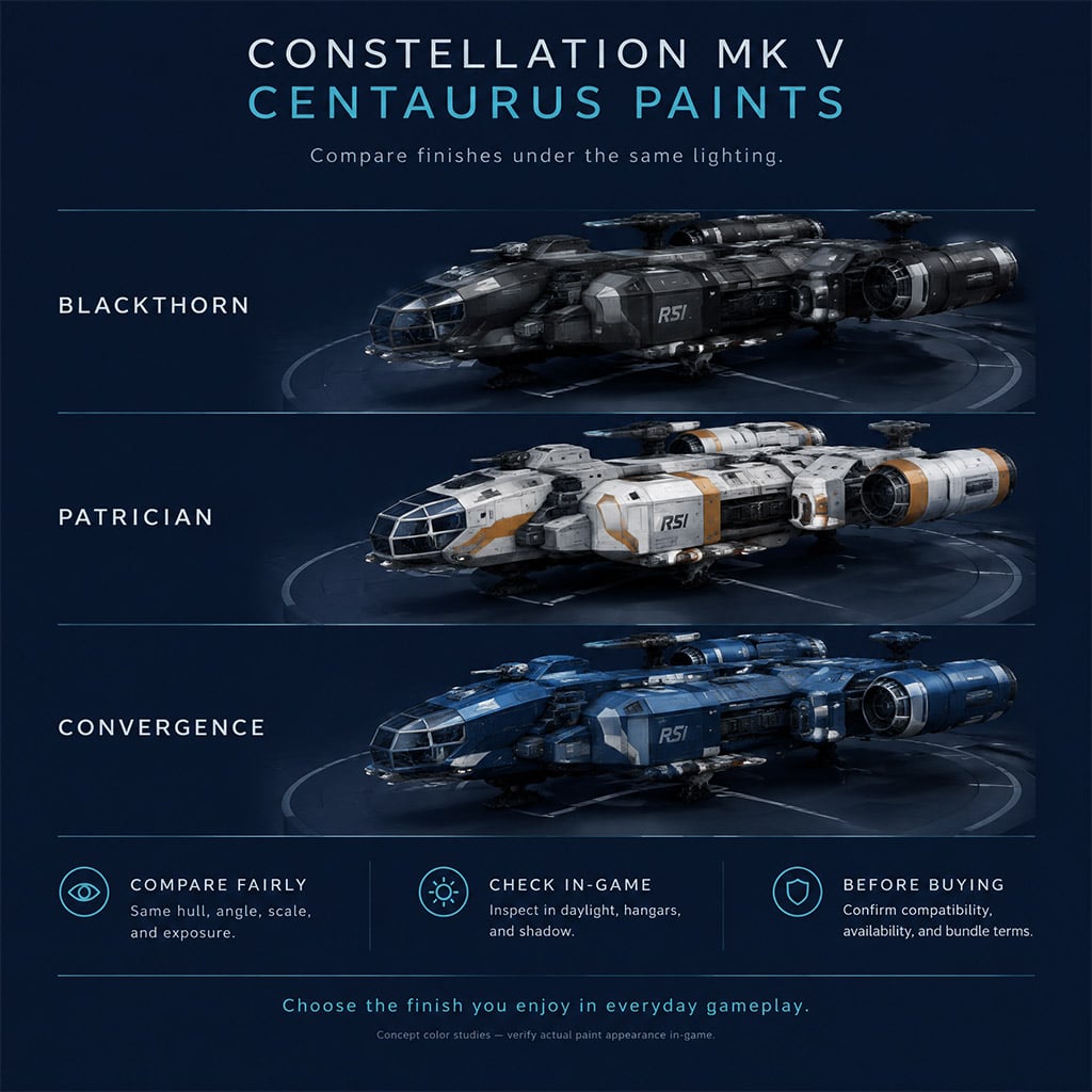 RSI Constellation Mk V Centaurus hulls displaying Blackthorn, Patrician, and Convergence liveries RSI Constellation Mk V Centaurus hulls displaying Blackthorn, Patrician, and Convergence liveries