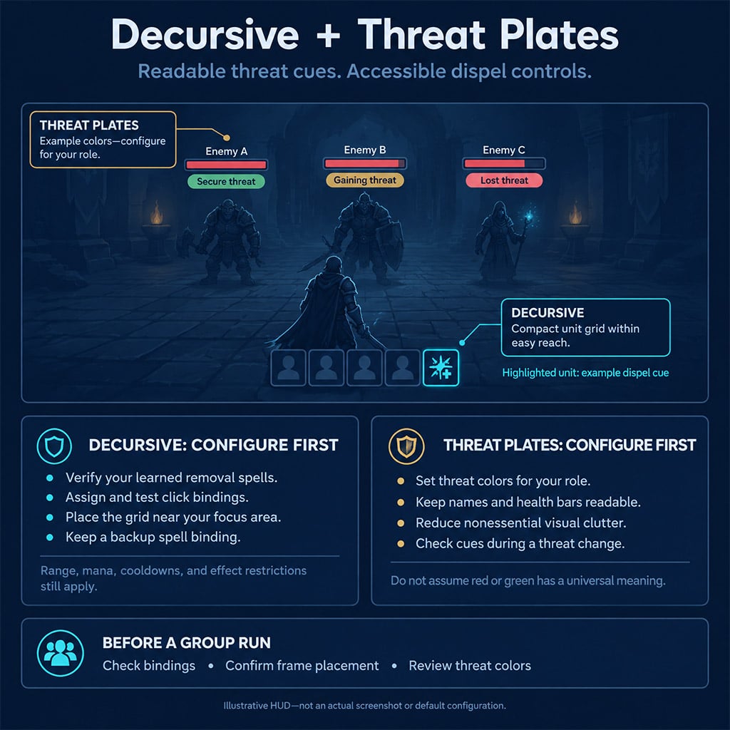 Combat HUD layout showing color-coded Threat Plates nameplates and a compact Decursive dispel grid near character center