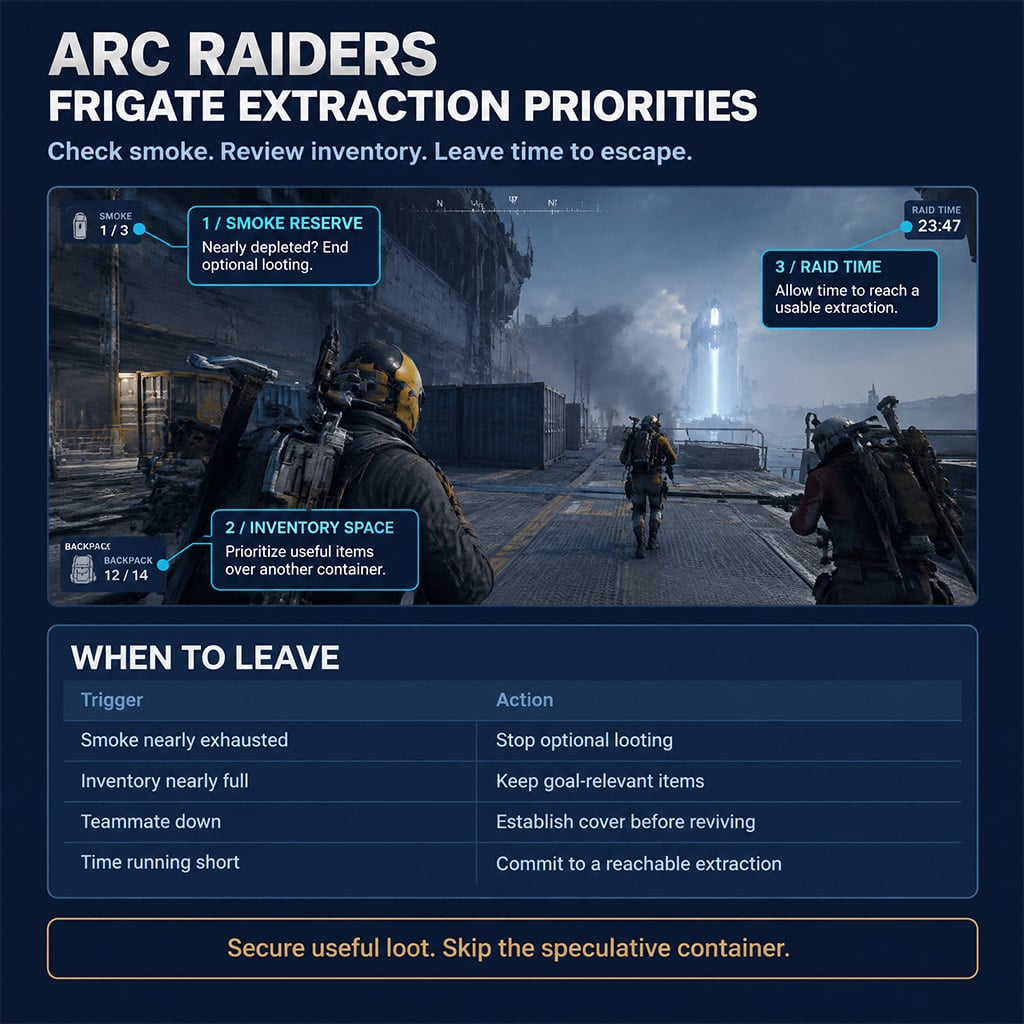 Frigate extraction decision showing remaining smoke, inventory space, and raid time.