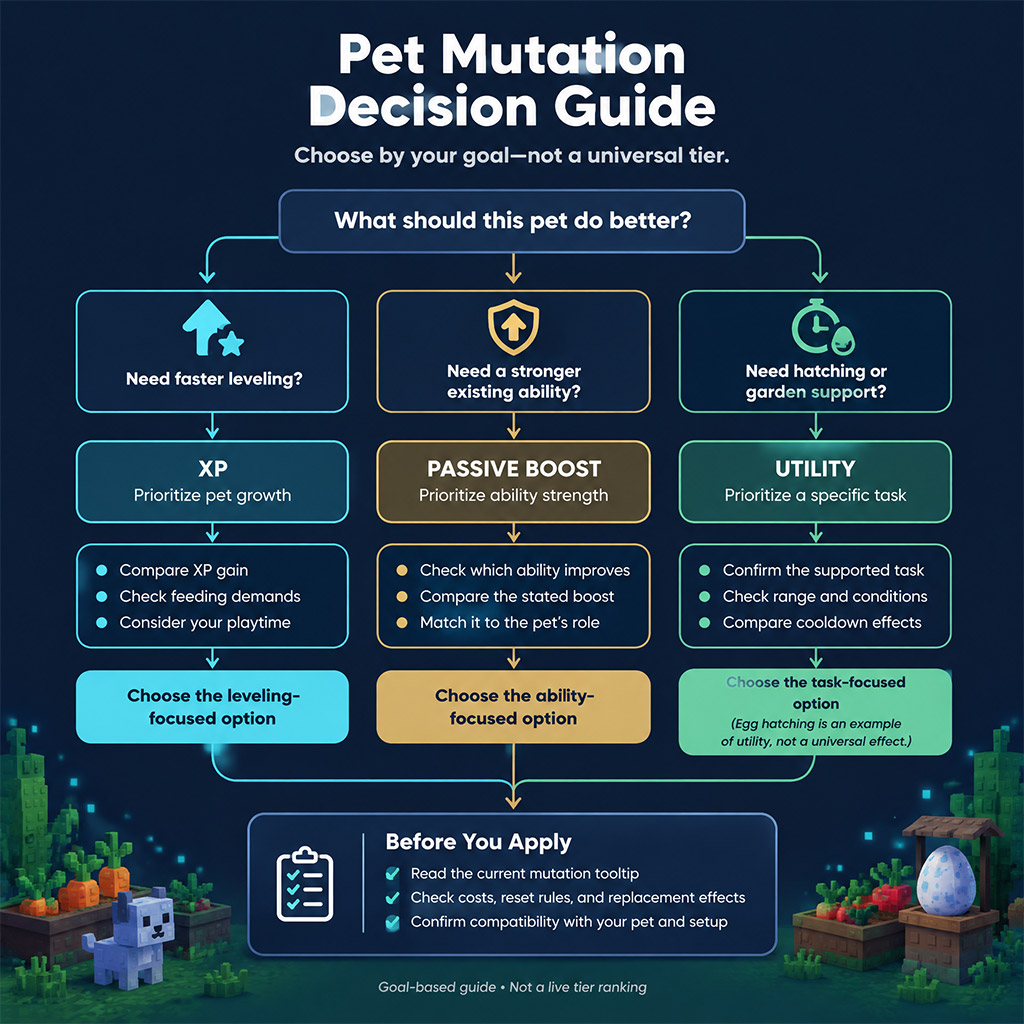 Decision flowchart for choosing between XP, Passive Boost, and Utility pet mutations in Grow a Garden Decision flowchart for choosing between XP, Passive Boost, and Utility pet mutations in Grow a Garden