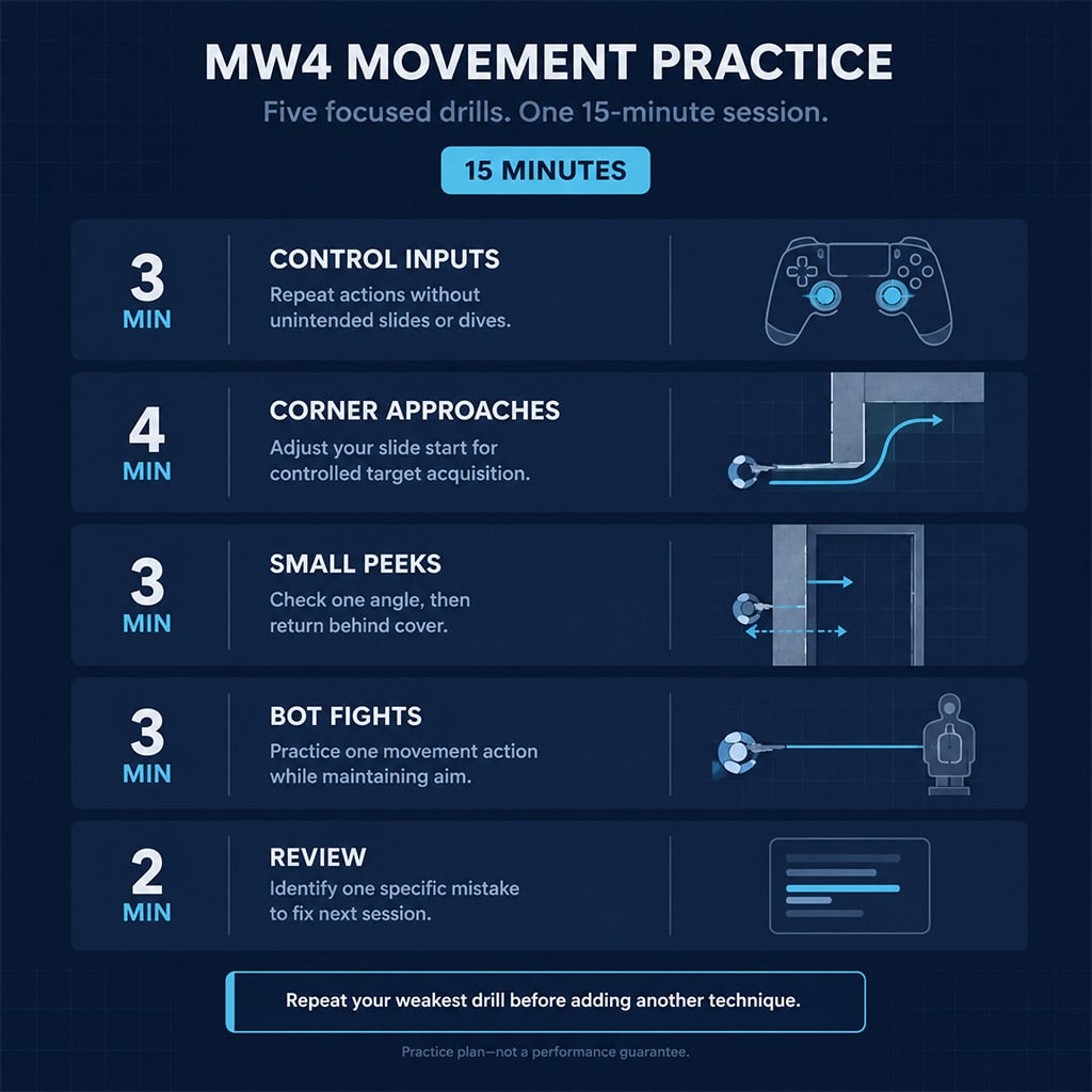 Fifteen-minute practice plan covering inputs, corner approaches, peeks, bot fights, and review.