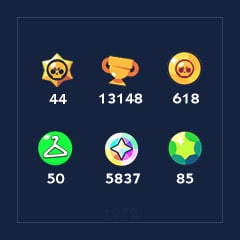 [1272] Brawlers x 44 | Skins x 50 | Trophies x 13148 | Bling x 5837 | Coins x 618 | Gems x 85