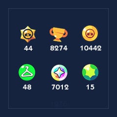 [1276] Brawlers x 44 | Skins x 48 | Trophies x 8274 | Bling x 7012 | Coins x 10442 | Gems x 15