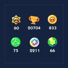 [1286] Brawlers x 60 | Skins x 75 | Trophies x 20704 | Bling x 2211 | Coins x 833 | Gems x 66
