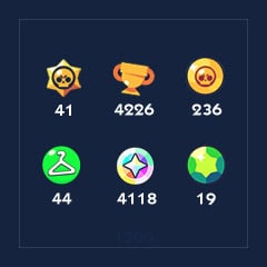 [1300] Brawlers x 41 | Skins x 44 | Trophies x 4226 | Bling x 4118 | Coins x 236 | Gems x 19