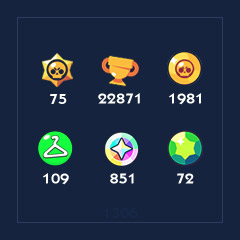 [1306] Brawlers x 75 | Skins x 109 | Trophies x 22871 | Bling x 851 | Coins x 1981 | Gems x 72