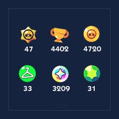 [1308] Brawlers x 47 | Skins x 33 | Trophies x 4402 | Bling x 3209 | Coins x 4720 | Gems x 31