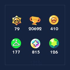 [1310] Brawlers x 79 | Skins x 177 | Trophies x 20692 | Bling x 815 | Coins x 410 | Gems x 126